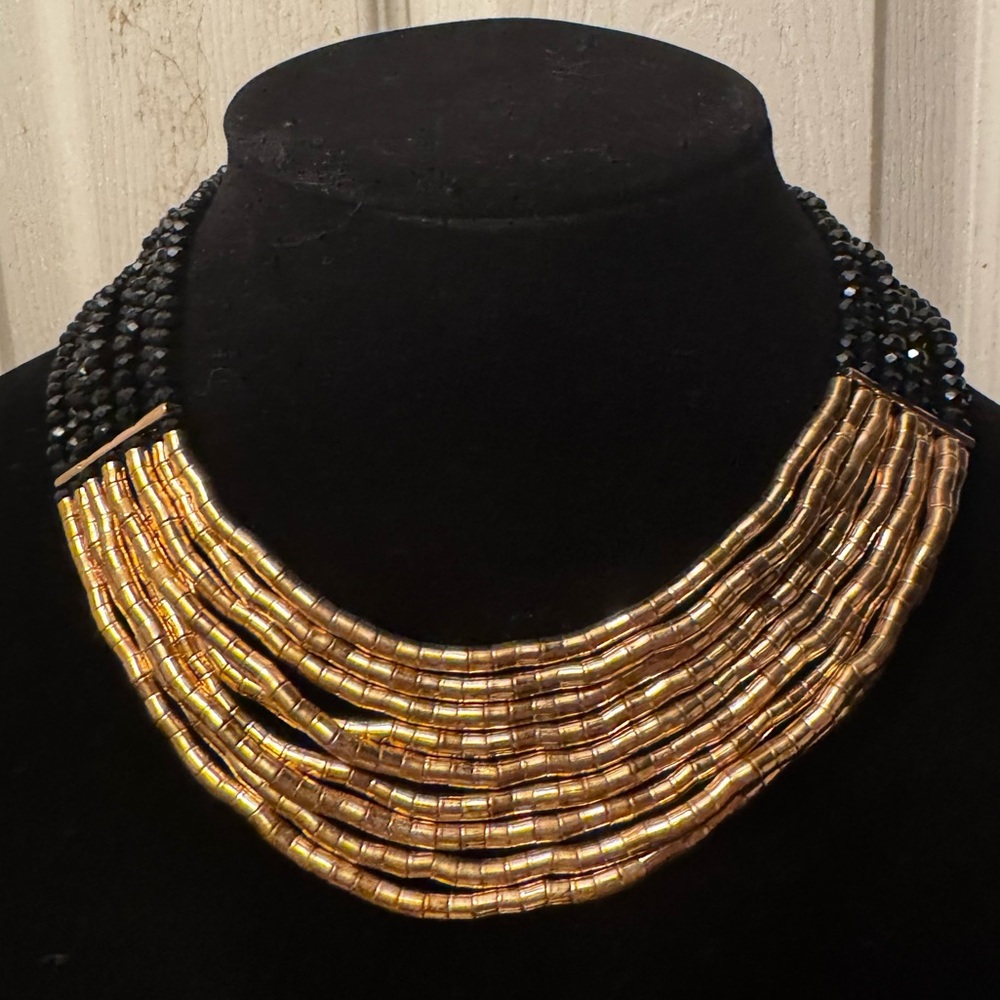 Black and Gold Multi Strand Beaded Necklace 16-19”